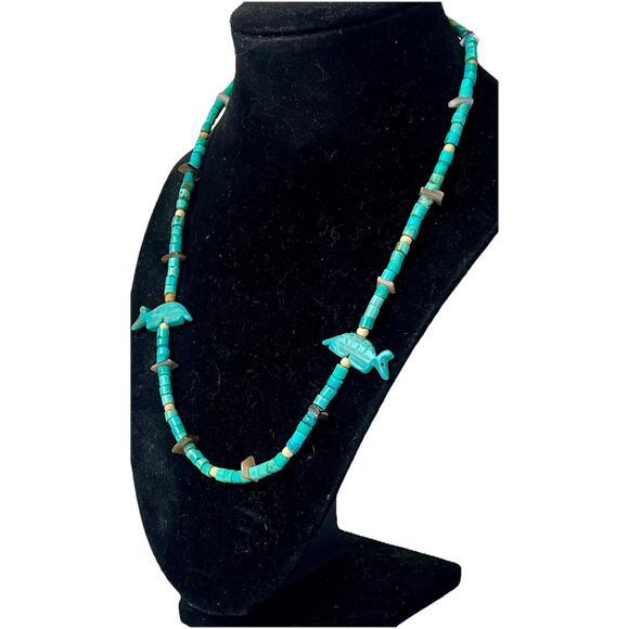 VTG Native American ZUNI Turquoise & Shell HEISHI Armadillo FETISH 18" Necklace - Picture 1 of 12